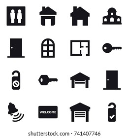 16 vector icon set : wc, home, mansion, door, arch window, plan, key, do not distrub, garage, bell, welcome mat, please clean