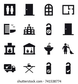16 vector icon set : wc, door, arch window, plan, hotel, do not distrub, fireplace, utility room, water tap sink, brooming, home call cleaning, iron board, please clean