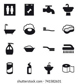 16 vector icon set : wc, water tap, bath, soap, tooth brush, sponge with foam, liquid soap, foam basin, brush, cleanser powder, toilet cleanser, water tap sink, toilet paper