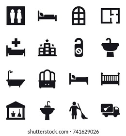 16 vector icon set : wc, arch window, plan, hospital, hotel, do not distrub, bath, dresser, bed, crib, utility room, water tap sink, brooming, home call cleaning