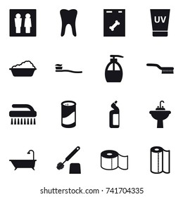 16 vector icon set : wc, uv cream, washing, tooth brush, liquid soap, brush, cleanser powder, toilet cleanser, water tap sink, bath, toilet brush, toilet paper, paper towel