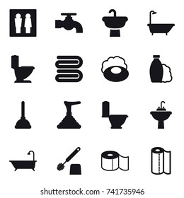 16 vector icon set : wc, water tap, bath, toilet, towel, soap, shampoo, plunger, water tap sink, toilet brush, toilet paper, paper towel