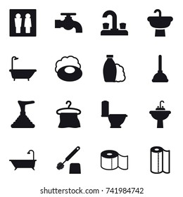 16 vector icon set : wc, water tap, bath, soap, shampoo, plunger, hanger, toilet, water tap sink, toilet brush, toilet paper, paper towel