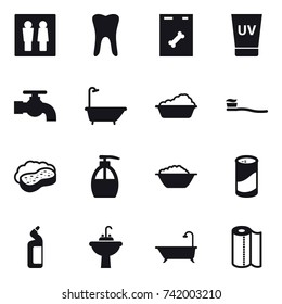 16 vector icon set : wc, uv cream, water tap, bath, washing, tooth brush, sponge with foam, liquid soap, foam basin, cleanser powder, toilet cleanser, water tap sink, paper towel
