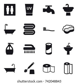 16 vector icon set : wc, uv cream, water tap, bath, towel, tooth brush, sponge with foam, liquid soap, brush, cleanser powder, water tap sink, toilet brush, toilet paper, paper towel