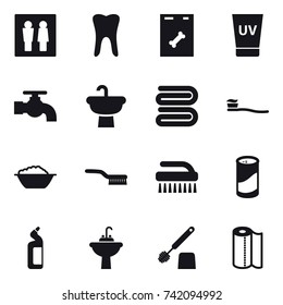 16 vector icon set : wc, uv cream, water tap, towel, tooth brush, foam basin, brush, cleanser powder, toilet cleanser, water tap sink, toilet brush, paper towel