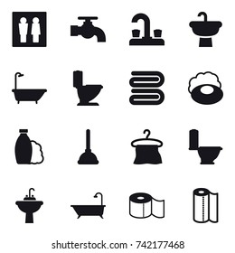 16 vector icon set : wc, water tap, bath, toilet, towel, soap, shampoo, plunger, hanger, water tap sink, toilet paper, paper towel