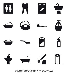 16 vector icon set : wc, washing, soap, tooth brush, liquid soap, foam basin, brush, cleanser powder, toilet cleanser, water tap sink, bath, toilet brush, paper towel