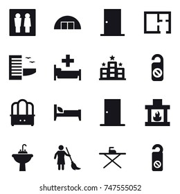 16 vector icon set : wc, hangare, door, plan, hotel, hospital, do not distrub, dresser, bed, fireplace, water tap sink, brooming, iron board