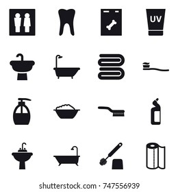 16 vector icon set : wc, uv cream, bath, towel, tooth brush, liquid soap, foam basin, brush, toilet cleanser, water tap sink, toilet brush, paper towel