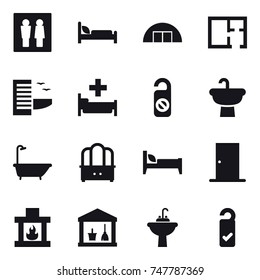 16 vector icon set : wc, hangare, plan, hotel, hospital, do not distrub, bath, dresser, bed, door, fireplace, utility room, water tap sink, please clean