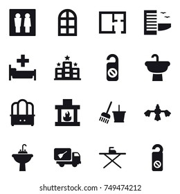 16 vector icon set : wc, arch window, plan, hotel, hospital, do not distrub, dresser, fireplace, bucket and broom, hard reach place cleaning, water tap sink, home call cleaning, iron board