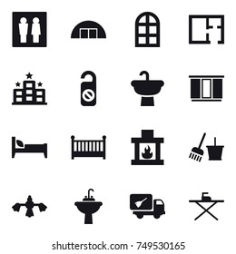 16 vector icon set : wc, hangare, arch window, plan, hotel, do not distrub, wardrobe, bed, crib, fireplace, bucket and broom, hard reach place cleaning, water tap sink, home call cleaning