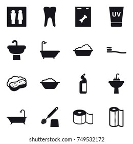 16 vector icon set : wc, uv cream, bath, washing, tooth brush, sponge with foam, foam basin, toilet cleanser, water tap sink, toilet brush, toilet paper, paper towel