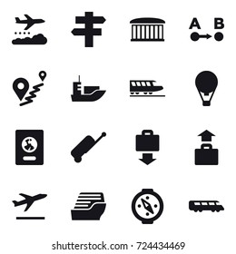 16 vector icon set : weather management, singlepost, airport building, train, air ballon, passport, suitcase, baggage get, baggage, departure, cruise ship, compass