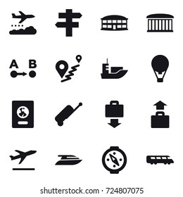 16 vector icon set : weather management, singlepost, airport building, air ballon, passport, suitcase, baggage get, baggage, departure, yacht, compass