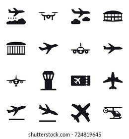 16 vector icon set : weather management, drone, journey, airport building, plane, airport tower, ticket, airplane, departure, arrival