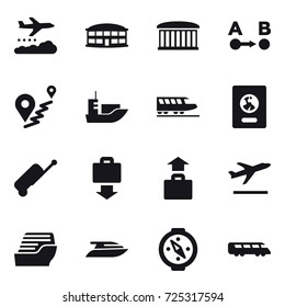 16 vector icon set : weather management, airport building, train, passport, suitcase, baggage get, baggage, departure, cruise ship, yacht, compass