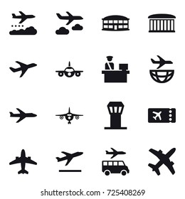 16 vector icon set : weather management, journey, airport building, plane, airport tower, ticket, airplane, departure, transfer