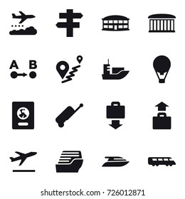 16 vector icon set : weather management, singlepost, airport building, air ballon, passport, suitcase, baggage get, baggage, departure, cruise ship, yacht