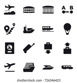 16 vector icon set : weather management, airport building, train, air ballon, passport, suitcase, baggage get, baggage, departure, cruise ship, yacht