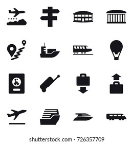 16 vector icon set : weather management, singlepost, airport building, train, air ballon, passport, suitcase, baggage get, baggage, departure, cruise ship, yacht