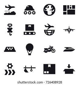 16 vector icon set : weather management, lunar rover, plane, taxi, air ballon, motorcycle, yacht, plow, package