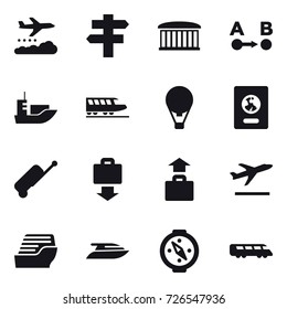 16 vector icon set : weather management, singlepost, airport building, train, air ballon, passport, suitcase, baggage get, baggage, departure, cruise ship, yacht, compass