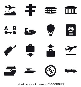 16 vector icon set : weather management, singlepost, airport building, air ballon, passport, suitcase, baggage get, baggage, departure, cruise ship, yacht, compass