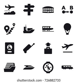 16 vector icon set : weather management, singlepost, airport building, train, air ballon, passport, suitcase, baggage, departure, cruise ship, yacht, compass