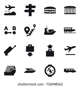 16 vector icon set : weather management, singlepost, airport building, train, suitcase, baggage get, baggage, departure, cruise ship, yacht, compass