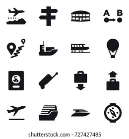 16 vector icon set : weather management, singlepost, airport building, train, air ballon, passport, suitcase, baggage get, baggage, departure, cruise ship, yacht, compass