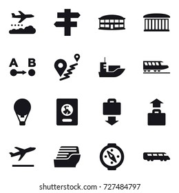 16 vector icon set : weather management, singlepost, airport building, train, air ballon, passport, baggage get, baggage, departure, cruise ship, compass