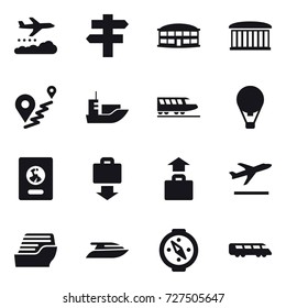 16 vector icon set : weather management, singlepost, airport building, train, air ballon, passport, baggage get, baggage, departure, cruise ship, yacht, compass