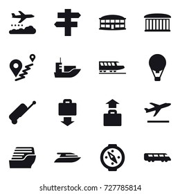 16 vector icon set : weather management, singlepost, airport building, train, air ballon, suitcase, baggage get, baggage, departure, cruise ship, yacht, compass