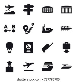 16 vector icon set : weather management, singlepost, airport building, train, air ballon, passport, suitcase, baggage, departure, cruise ship, yacht