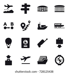 16 vector icon set : weather management, singlepost, airport building, train, air ballon, passport, suitcase, baggage get, baggage, departure, cruise ship, compass
