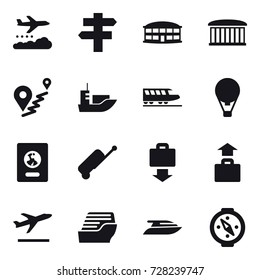 16 vector icon set : weather management, singlepost, airport building, train, air ballon, passport, suitcase, baggage get, baggage, departure, cruise ship, yacht, compass