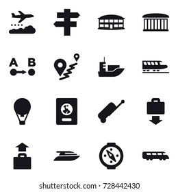 16 vector icon set : weather management, singlepost, airport building, train, air ballon, passport, suitcase, baggage get, baggage, yacht, compass