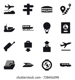 16 vector icon set : weather management, singlepost, airport building, train, air ballon, passport, suitcase, baggage get, baggage, departure, cruise ship, yacht, compass