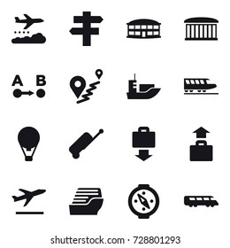 16 vector icon set : weather management, singlepost, airport building, train, air ballon, suitcase, baggage get, baggage, departure, cruise ship, compass