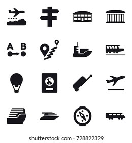 16 vector icon set : weather management, singlepost, airport building, train, air ballon, passport, suitcase, departure, cruise ship, yacht, compass