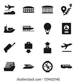 16 vector icon set : weather management, airport building, train, air ballon, passport, suitcase, baggage get, baggage, departure, cruise ship, yacht, compass