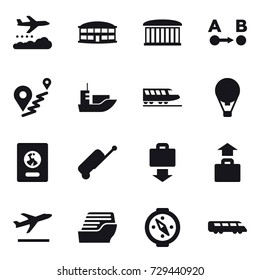 16 vector icon set : weather management, airport building, train, air ballon, passport, suitcase, baggage get, baggage, departure, cruise ship, compass