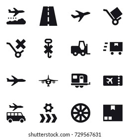 16 vector icon set : weather management, plane, trailer, ticket, transfer, wheel, package