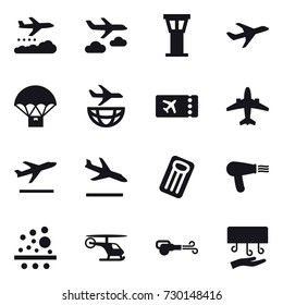 16 vector icon set : weather management, journey, airport tower, ticket, airplane, departure, arrival, inflatable mattress, hair dryer, blower, hand dryer