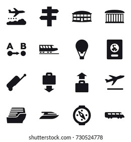 16 vector icon set : weather management, singlepost, airport building, train, air ballon, passport, suitcase, baggage get, baggage, departure, cruise ship, yacht, compass
