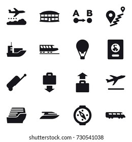 16 vector icon set : weather management, airport building, train, air ballon, passport, suitcase, baggage get, baggage, departure, cruise ship, yacht, compass