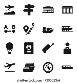 16 vector icon set : weather management, singlepost, airport building, train, air ballon, passport, suitcase, baggage, departure, cruise ship, compass