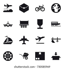 16 vector icon set : weather management, box, bike, train, sail boat, airplane, departure, plow, wheel, wheelbarrow, package